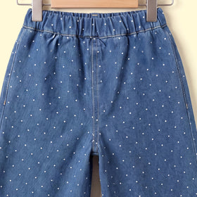 Girls Blue Polka Dot Print Denim Jeans Pants