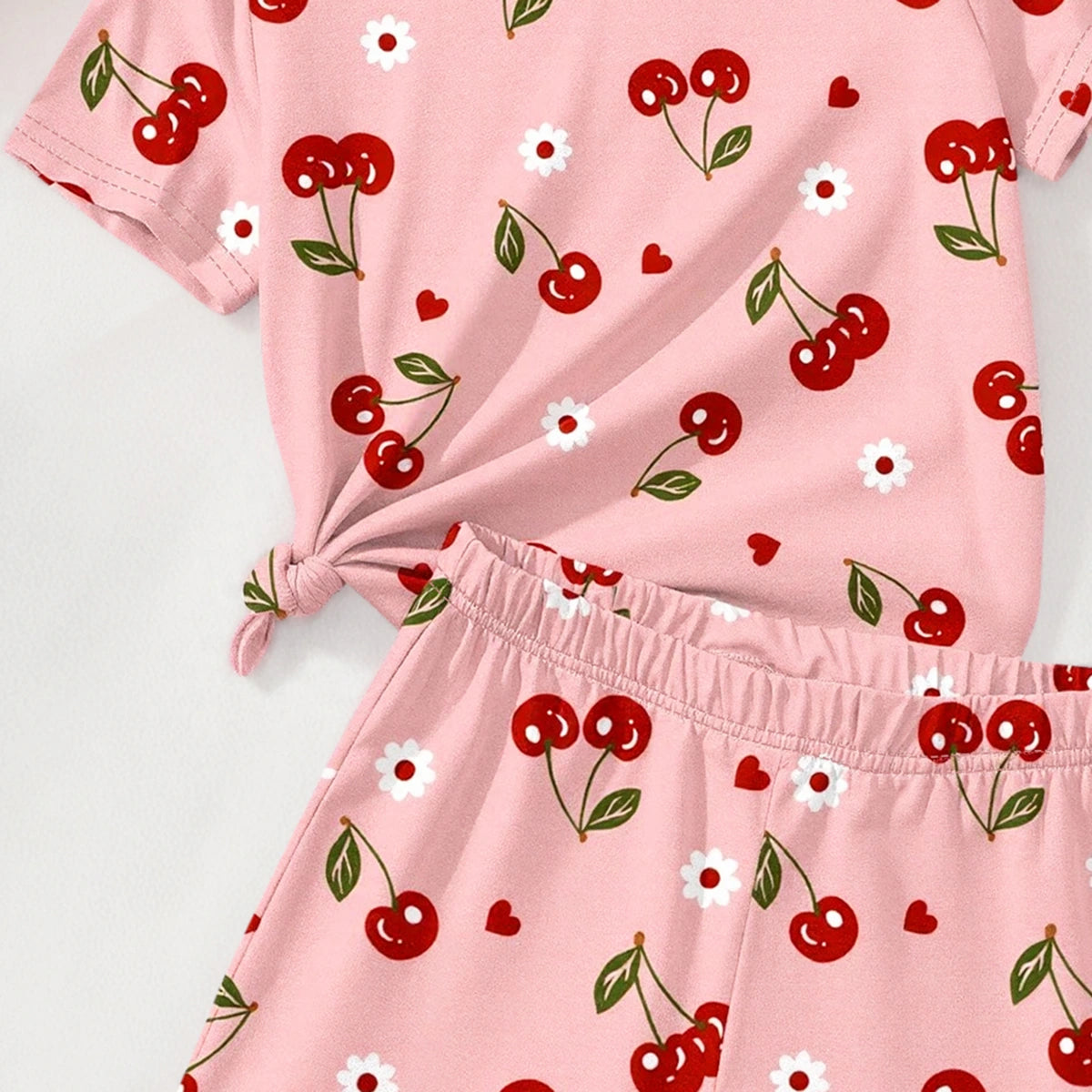 Girls Pink Cherry Print Short Sleeve T-Shirt With Shorts Sets 2 pc. Sets