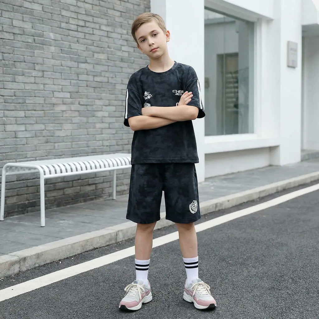 Boys Black Abstract Print T-Shirt With Shorts Co-ord Sets Sets