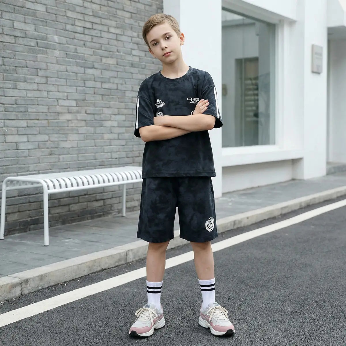 Boys Black Abstract Print T-Shirt With Shorts Co-ord Sets Sets