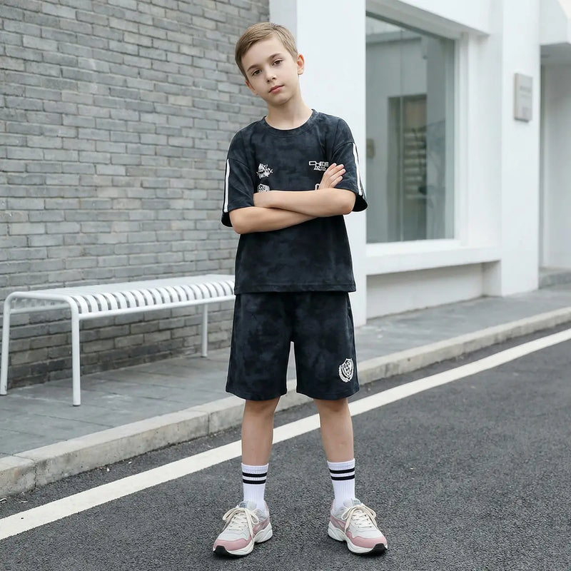 Boys Black Abstract Print T-Shirt With Shorts Co-ord Sets Sets