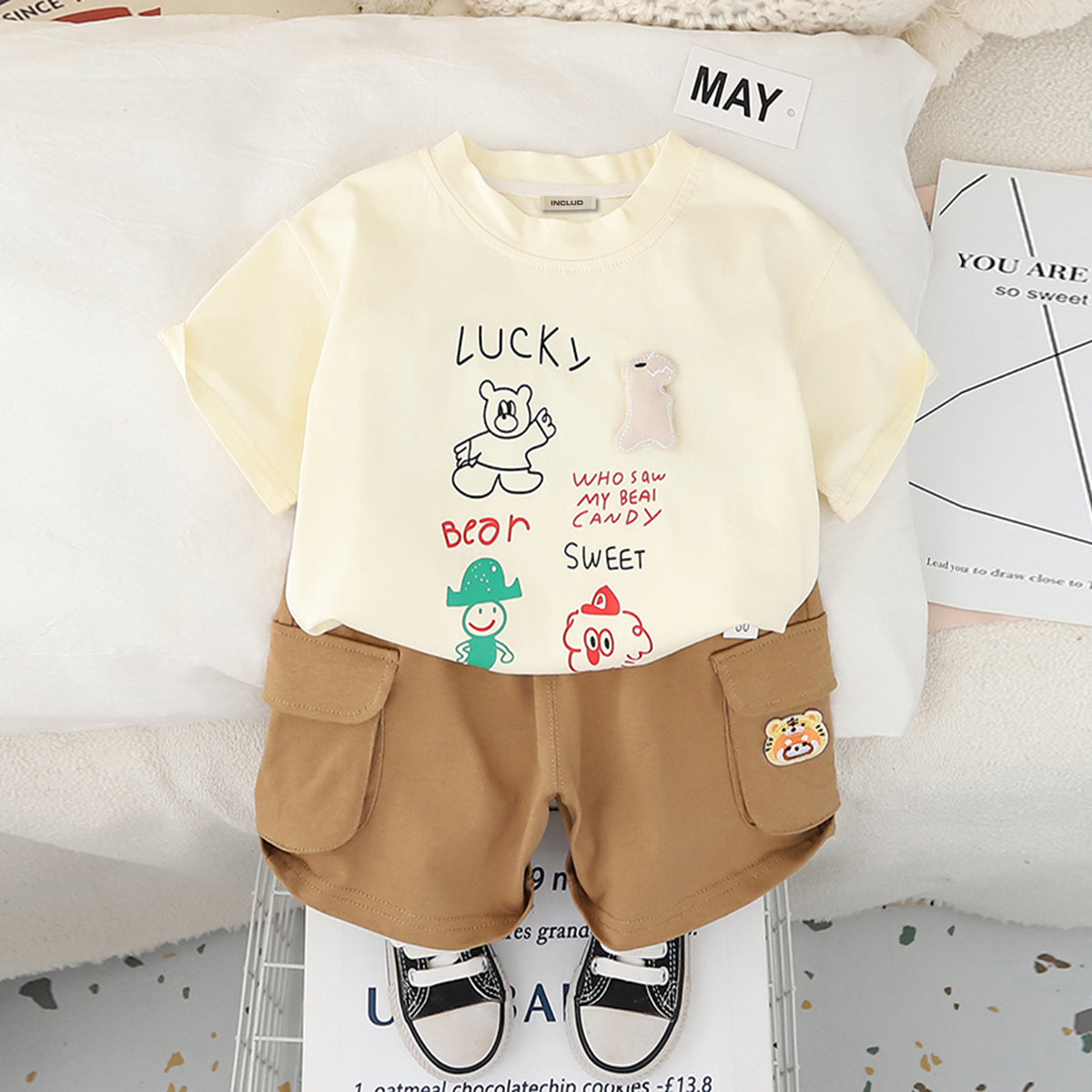 Boys Apricot Graphic Bear Printed T-Shirt With Cargo Shorts Set 2 pc. Sets Apricot 1-2 Y