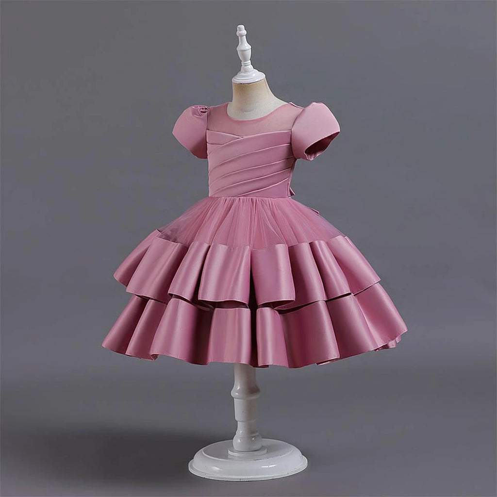 Girls Pink Puff Sleeve Ruffle Layered Party Wear Dress Party Dresses