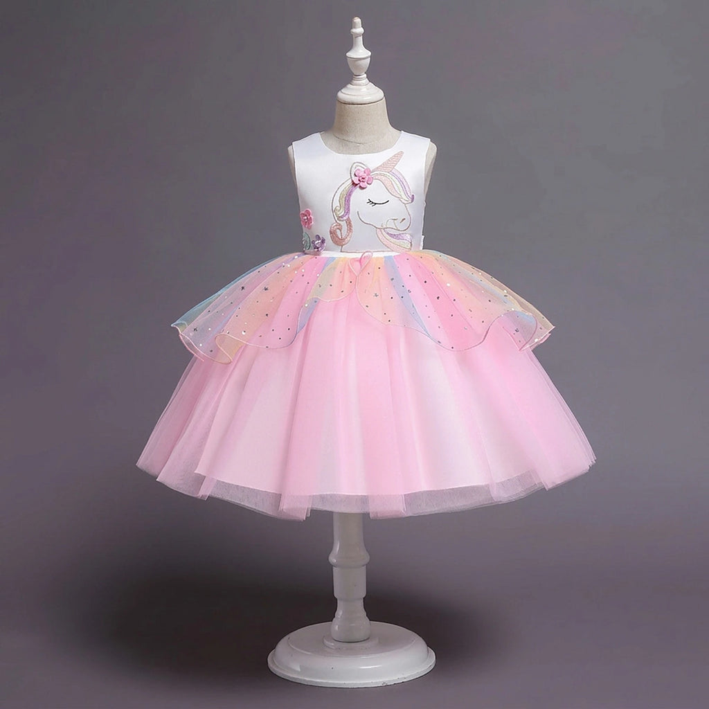 Girls Light Pink Unicorn Embroidered Sleeveless Fit & Flare Party Wear Dress Party Dresses Light Pink 3-4 Y