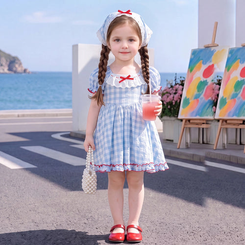 Girls Blue Checked Puff Sleeve Flared Dress Casual Dresses Blue 1-2 Y