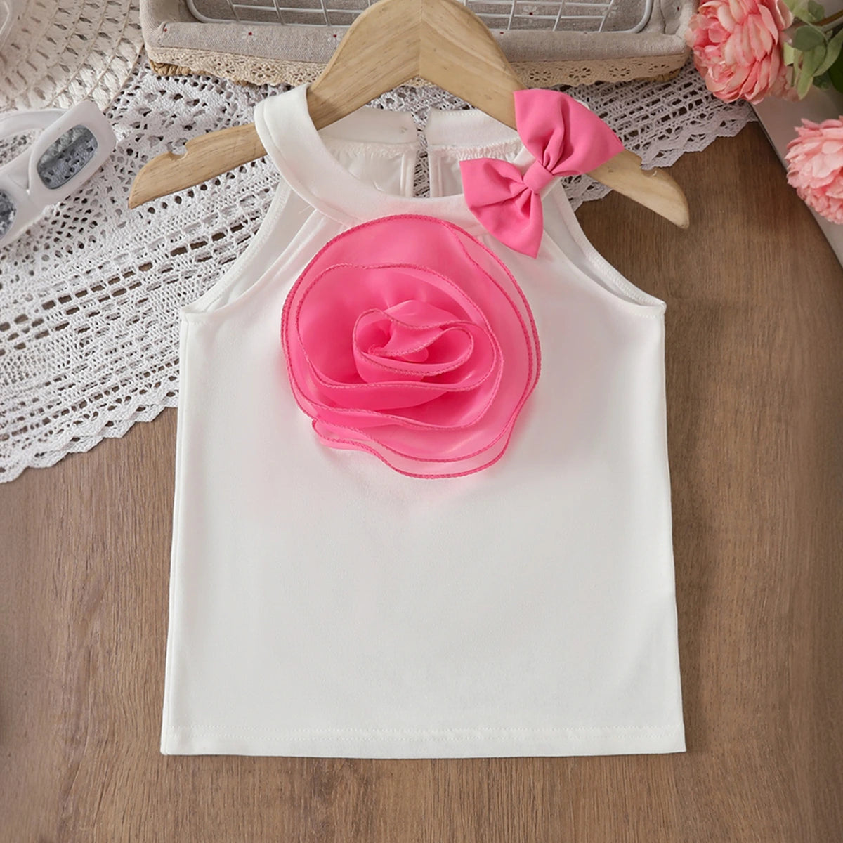 Girls 3D Flower Applique Halter Top With Pink Shorts Set Sets