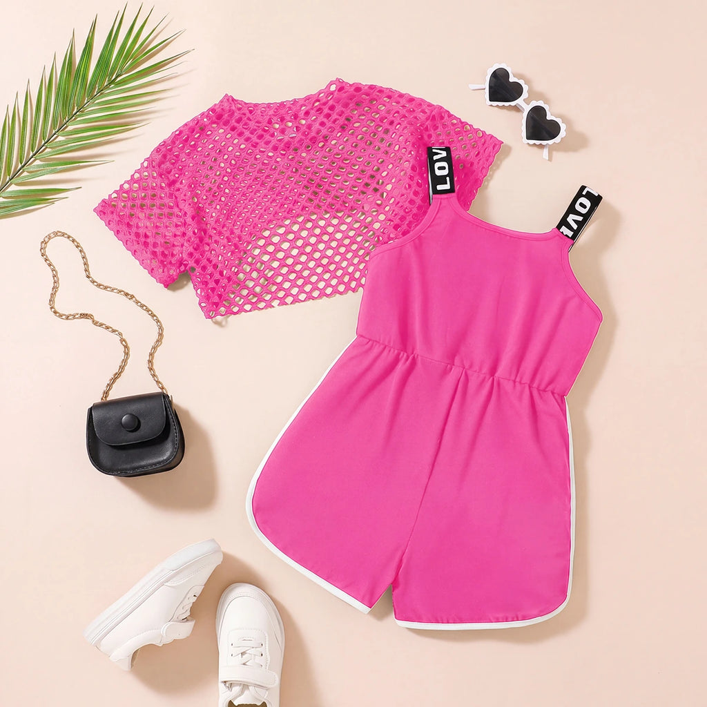 Girls Fuchsia Pink Typographic Print Playsuit With Crop Top Playsuits