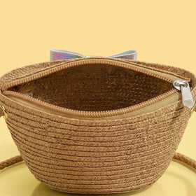 Girls Brown Glitter Bow Applique Cotton Straw Sling Bag Sling Bags