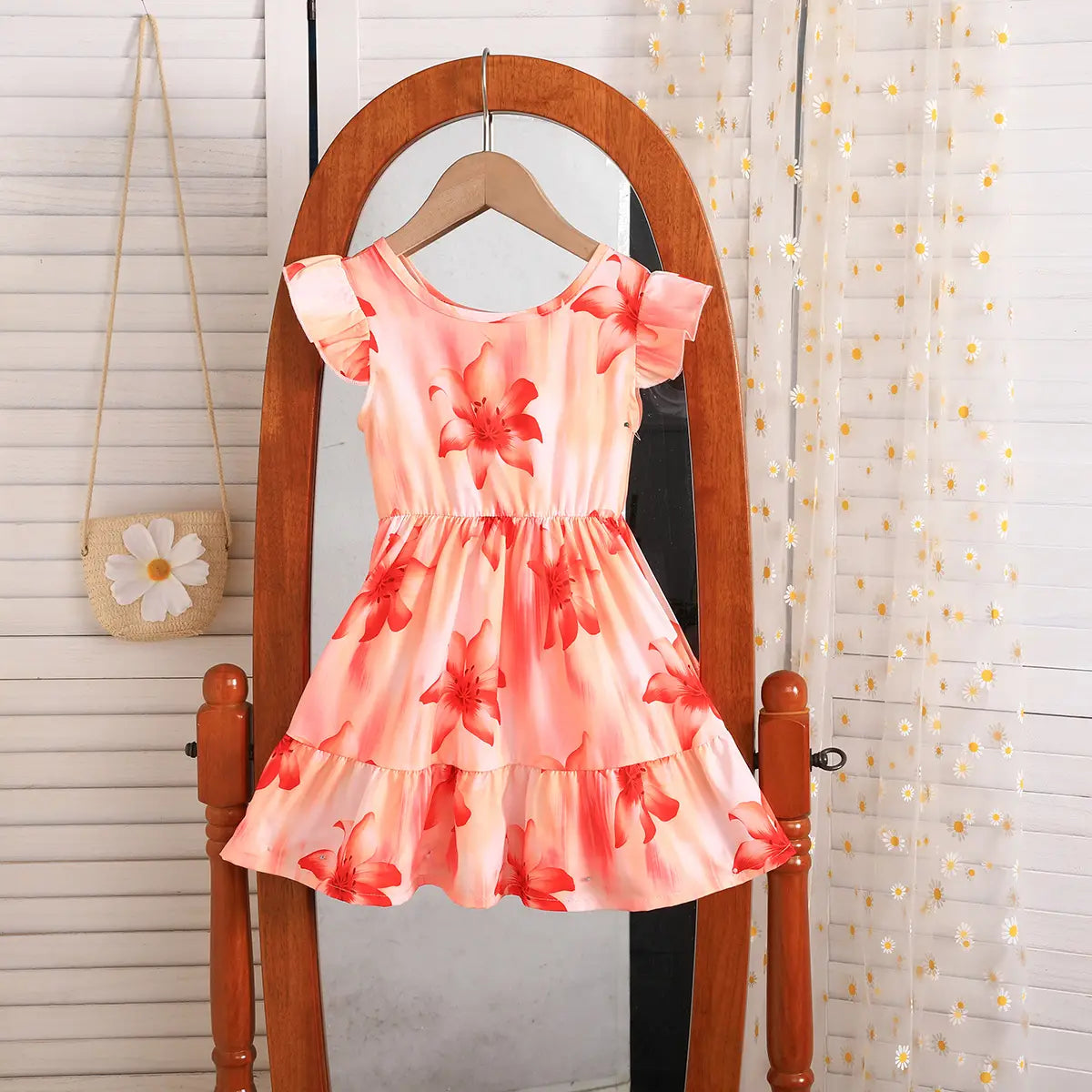 Girls Orange Floral Print Fit & Flare Dress With Bow Details Casual Dresses Orange 3-4 Y