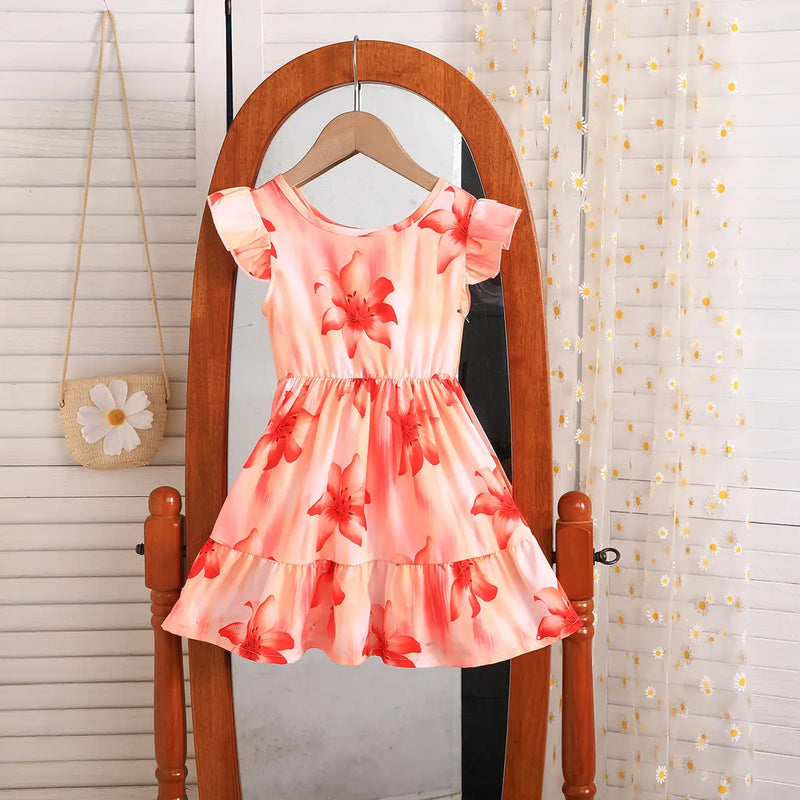 Girls Orange Floral Print Fit & Flare Dress With Bow Details Casual Dresses Orange 3-4 Y