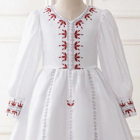 Girls White Embroidered Fit & Flare Dress With Long Sleeeves Casual Dresses