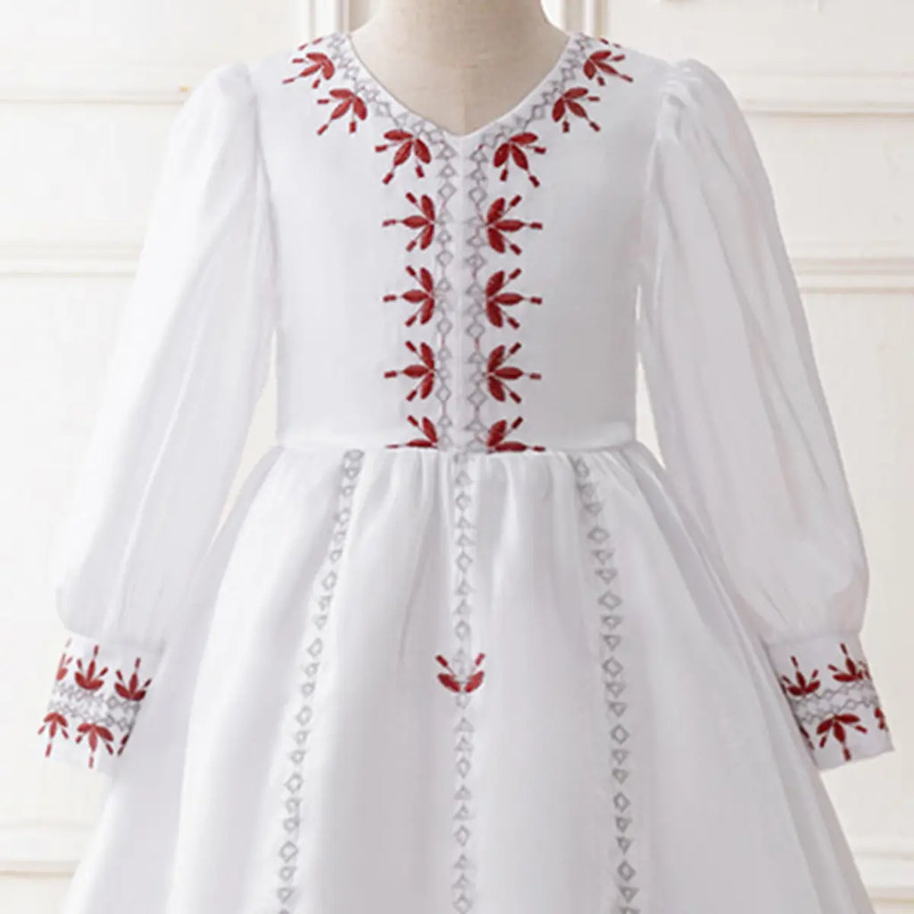 Girls White Embroidered Fit & Flare Dress With Long Sleeeves Casual Dresses