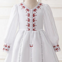 Girls White Embroidered Fit & Flare Dress With Long Sleeeves Casual Dresses