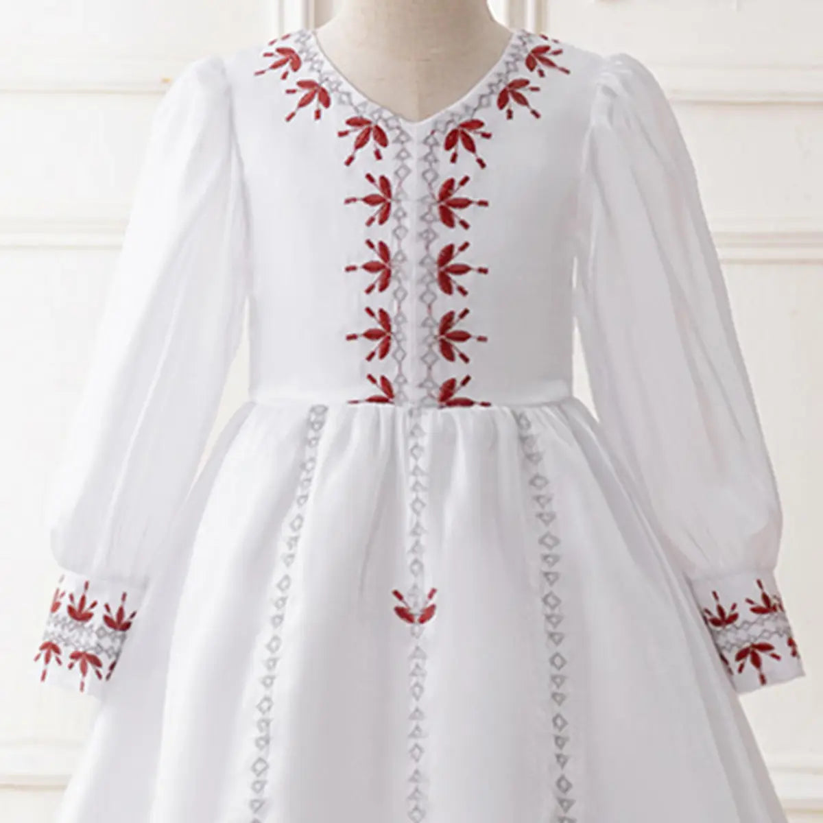 Girls White Embroidered Fit & Flare Dress With Long Sleeeves Casual Dresses