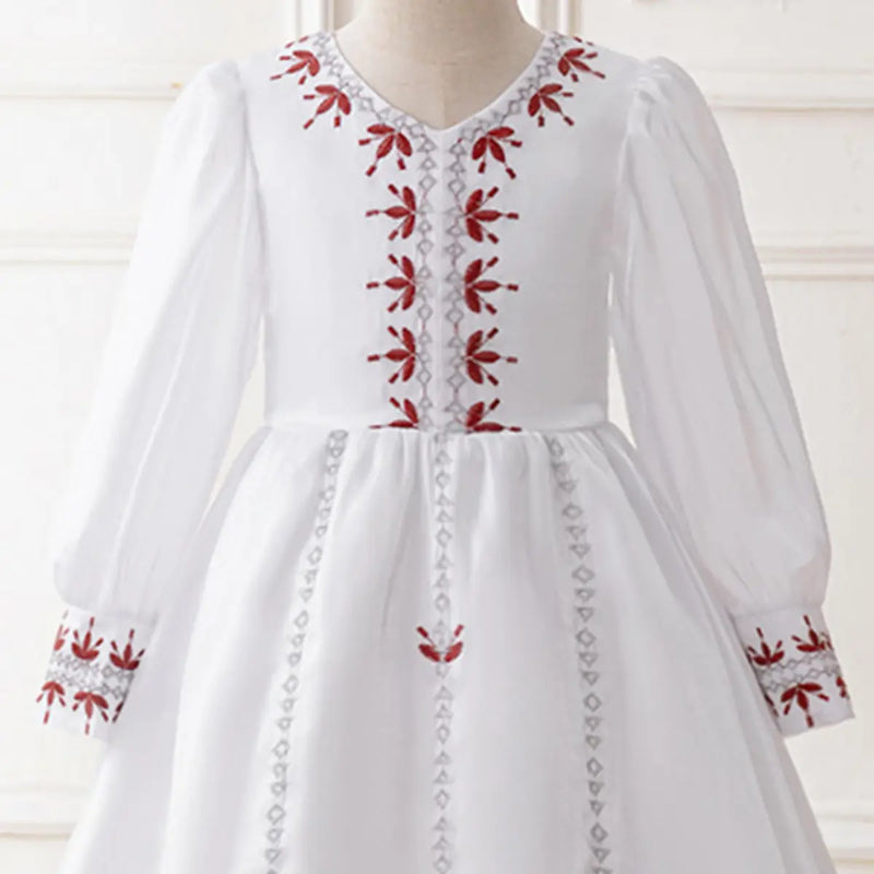 Girls White Embroidered Fit & Flare Dress With Long Sleeeves Casual Dresses
