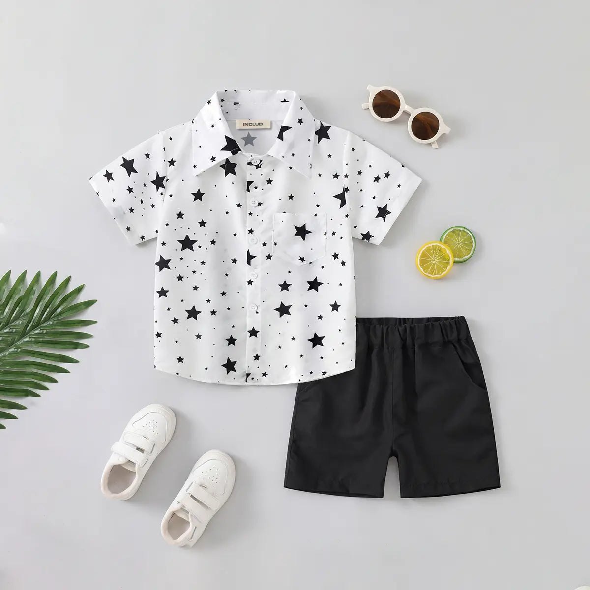 Boys White Star Print Short Sleeves Button-Down Shirt With Shorts Set Sets White 1-2 Y