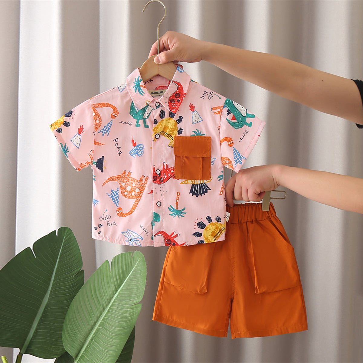 Boys Pink Animals Printed Short Sleeves Shirt With Shorts Set 2 pc. Sets Pink 1-2 Y