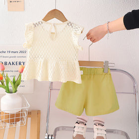 Girls Flutter Sleeves Textured Peplum Top With Green Shorts Set 2 pc. Sets