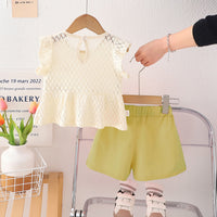 Girls Flutter Sleeves Textured Peplum Top With Green Shorts Set 2 pc. Sets