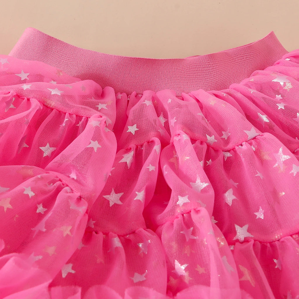 Girls White One Shoulder Crop Top With Star Printed Tulle Skirts Set Sets