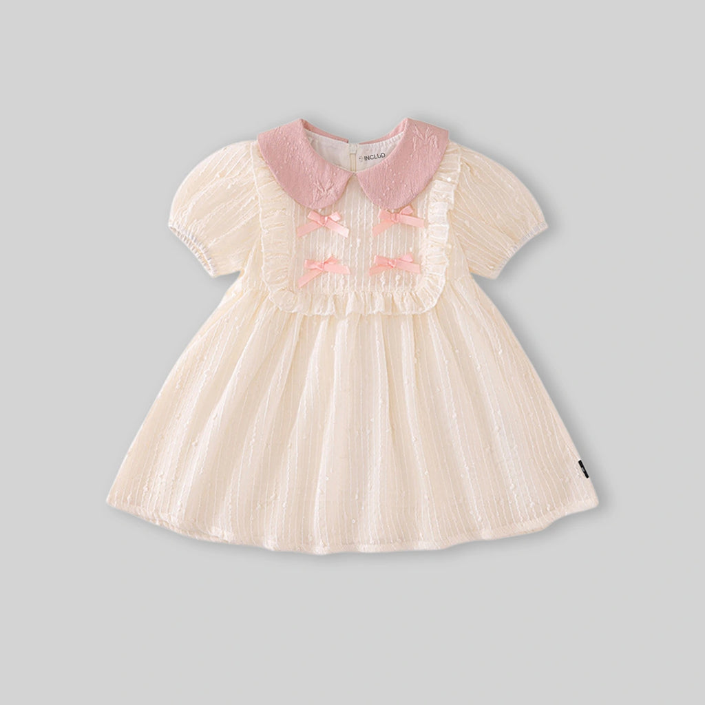 Girls Apricot Textured Bow Embellished Peter Pan Collar Dress Casual Dresses