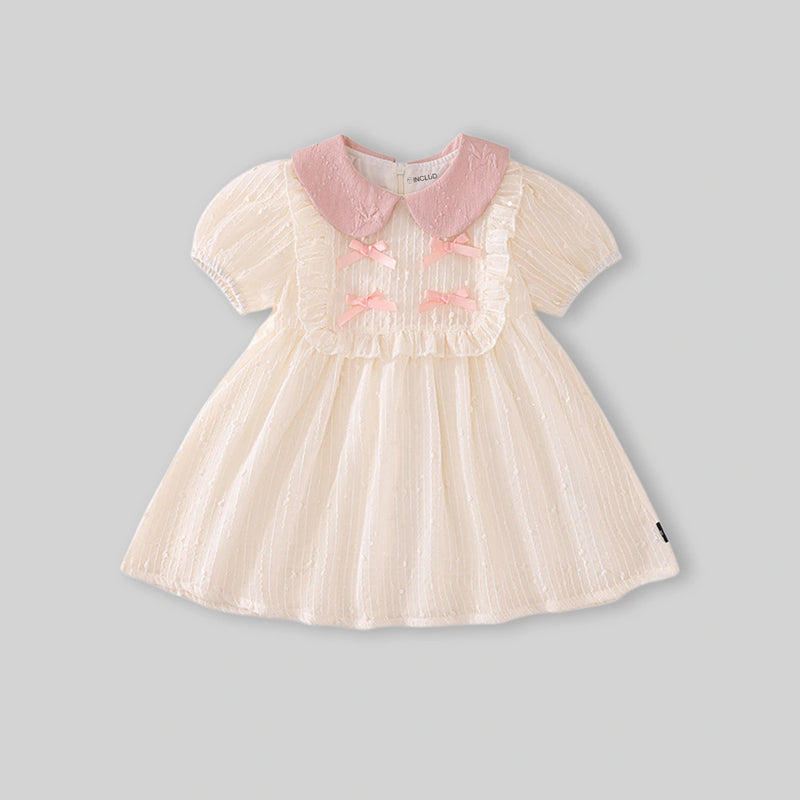Girls Apricot Textured Bow Embellished Peter Pan Collar Dress Casual Dresses