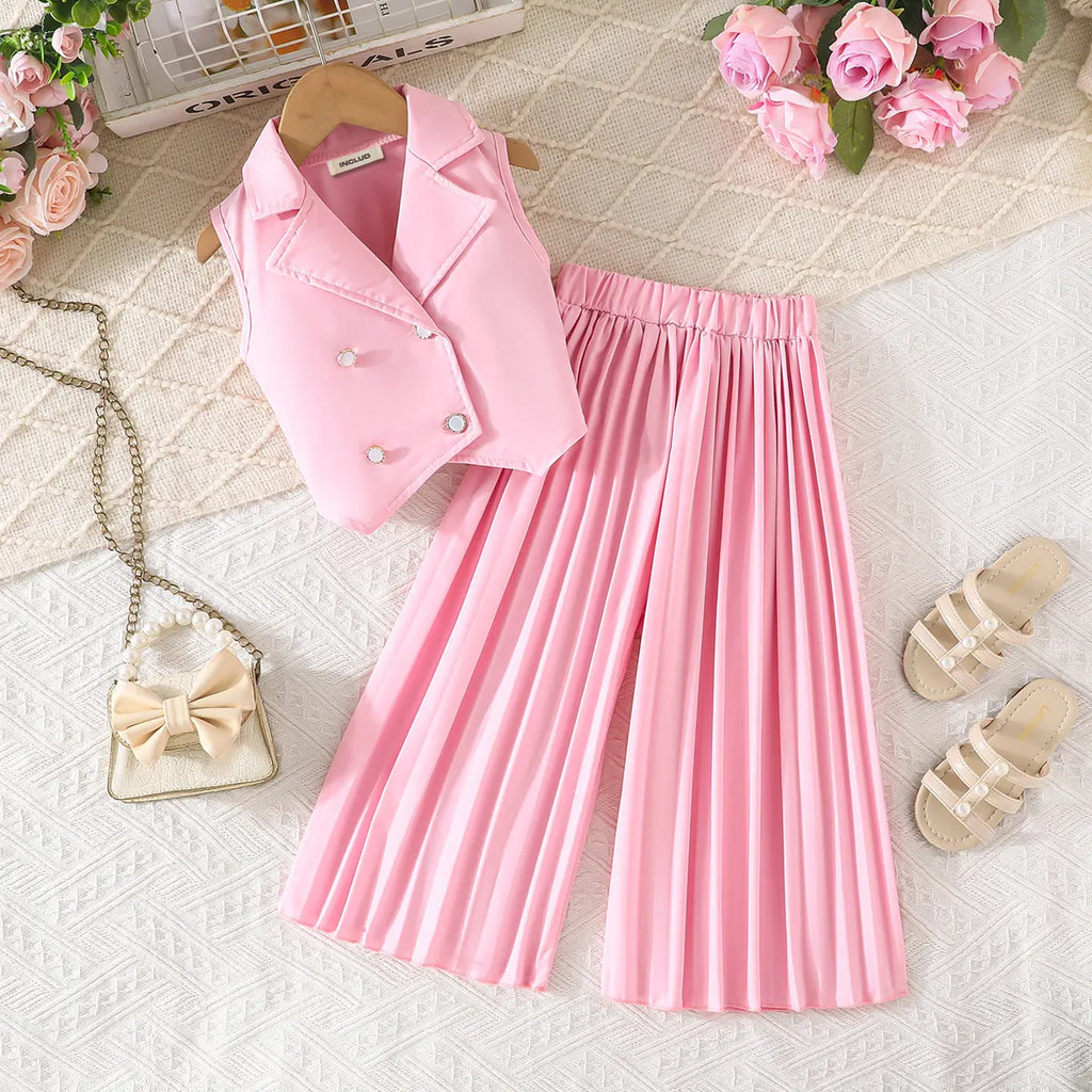 Girls Pink Sleeveless Blazer Top With Pleated Flared Pant Co-ord Sets Sets Pink 2-3 Y