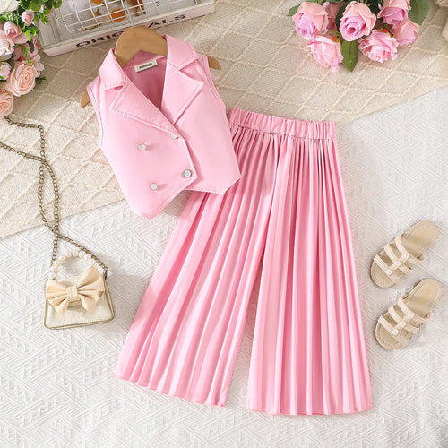 Girls Pink Sleeveless Blazer Top With Pleated Flared Pant Co-ord Sets Sets Pink 2-3 Y