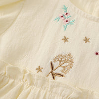 Girls Beige Floral Embroidered Puff Sleeve Tiered Dress Casual Dresses