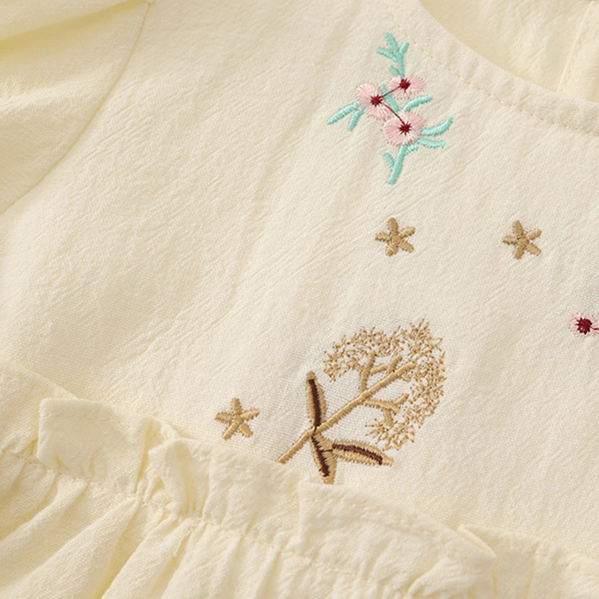 Girls Beige Floral Embroidered Puff Sleeve Tiered Dress Casual Dresses