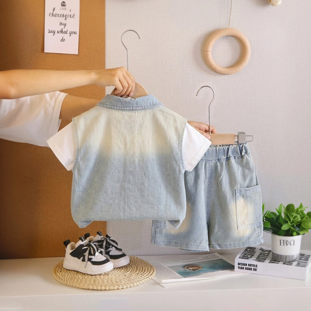 Boys Light Blue Denim Shirt with Short Sleeve T-Shirt And Denim Shorts Sets 3 pc. Sets