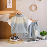 Boys Light Blue Denim Shirt with Short Sleeve T-Shirt And Denim Shorts Sets 3 pc. Sets
