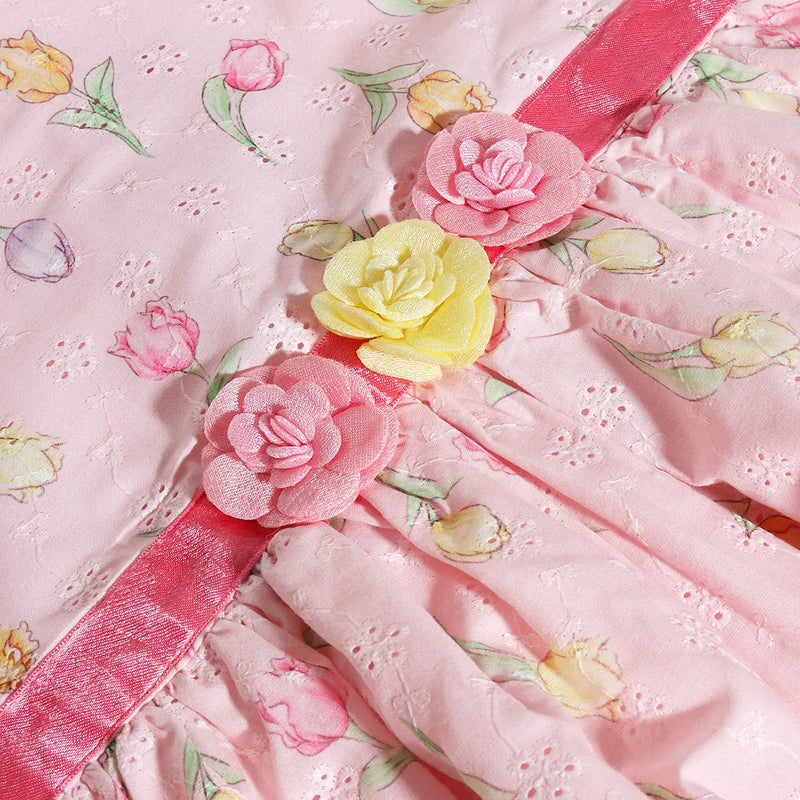 Girls Pink Floral Fit & Flare Schiffli Dress With flower Satin Belt Casual Dresses