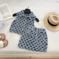 Girls Blue Check Frayed Denim Sleeveless Top With Skirt Sets 2 pc. Sets Blue 1-2 Y