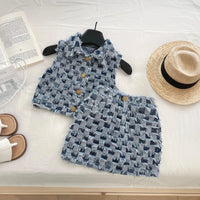Girls Blue Check Frayed Denim Sleeveless Top With Skirt Sets 2 pc. Sets Blue 1-2 Y
