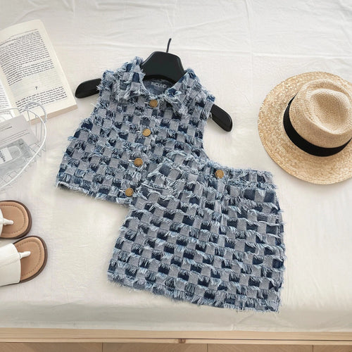Girls Blue Check Frayed Denim Sleeveless Top With Skirt Sets 2 pc. Sets Blue 1-2 Y