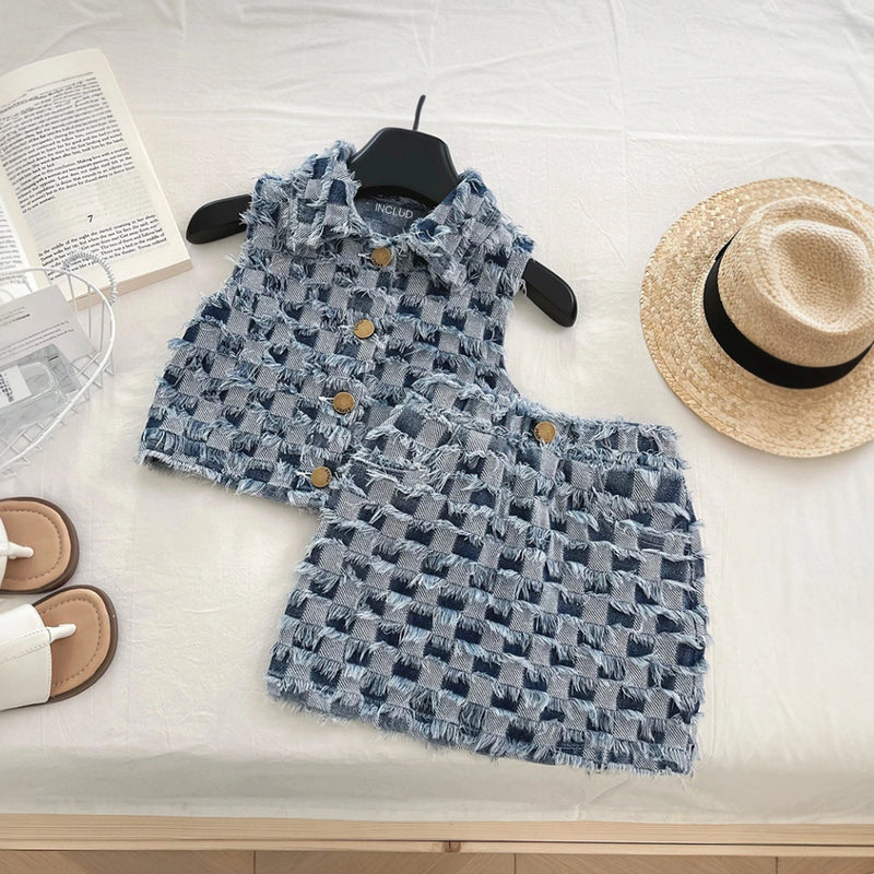 Girls Blue Check Frayed Denim Sleeveless Top With Skirt Sets 2 pc. Sets Blue 1-2 Y