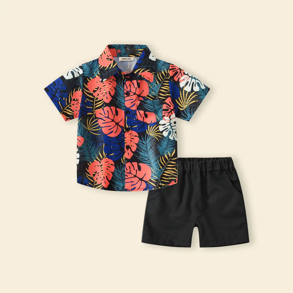 Boys Black Tropical Print Short Sleeves Shirt With Shorts Set Sets