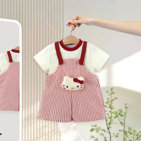 Girls Red Checked Dungaree With Cute Kitty Vibes Tee Sets 2 pc. Sets Red 1-2 Y