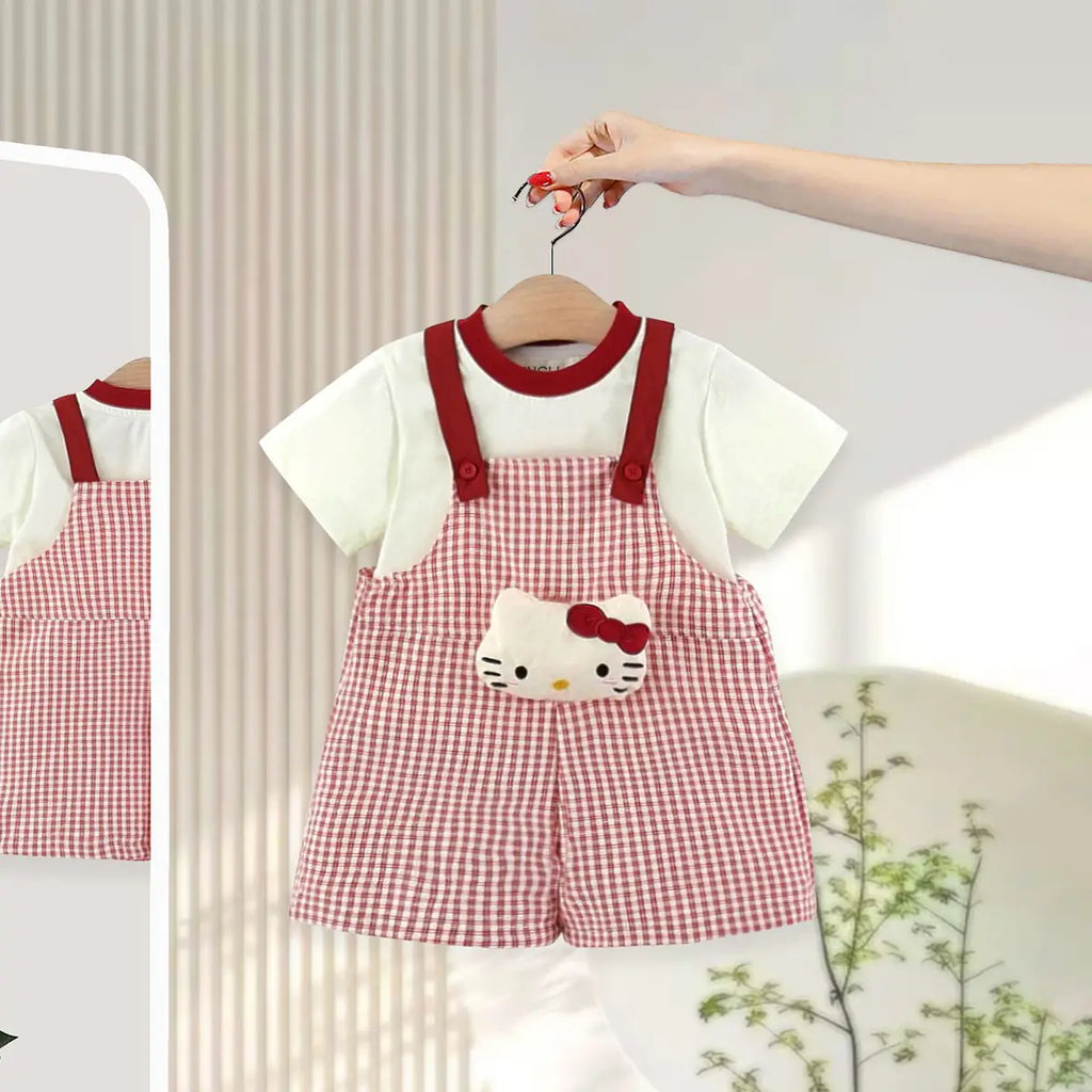 Girls Red Checked Dungaree With Cute Kitty Vibes Tee Sets 2 pc. Sets Red 1-2 Y