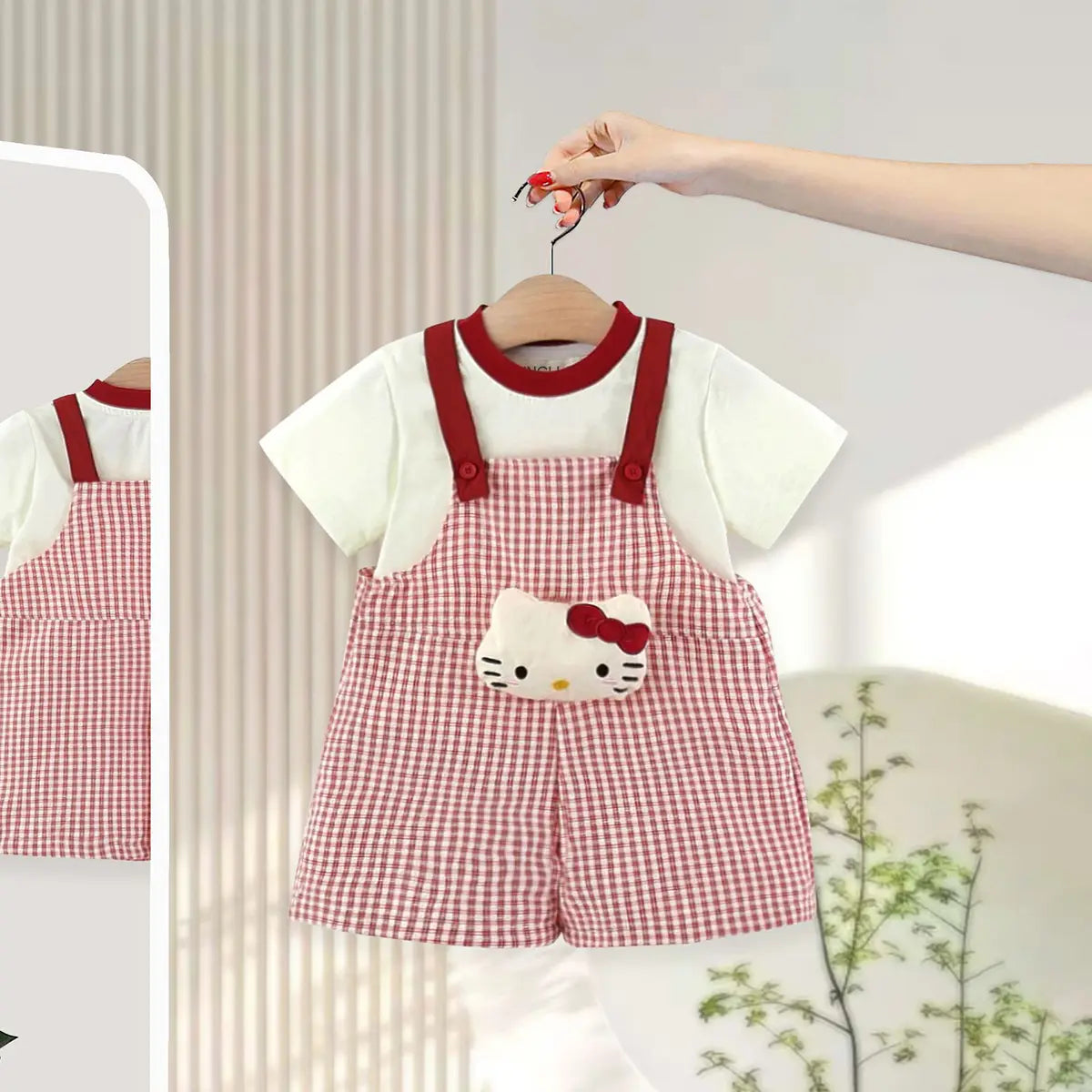 Girls Red Checked Dungaree With Cute Kitty Vibes Tee Sets 2 pc. Sets Red 1-2 Y