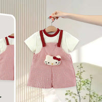 Girls Red Checked Dungaree With Cute Kitty Vibes Tee Sets 2 pc. Sets Red 1-2 Y