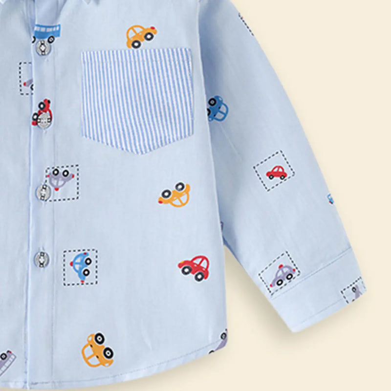 Boys Sky Blue Car Print Long Sleeve Shirt Shirts