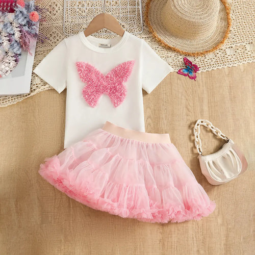 Girls 3D Butterfly Applique Top With Pink Tiered Tulle Skirt Sets Sets Pink 2-3 Y