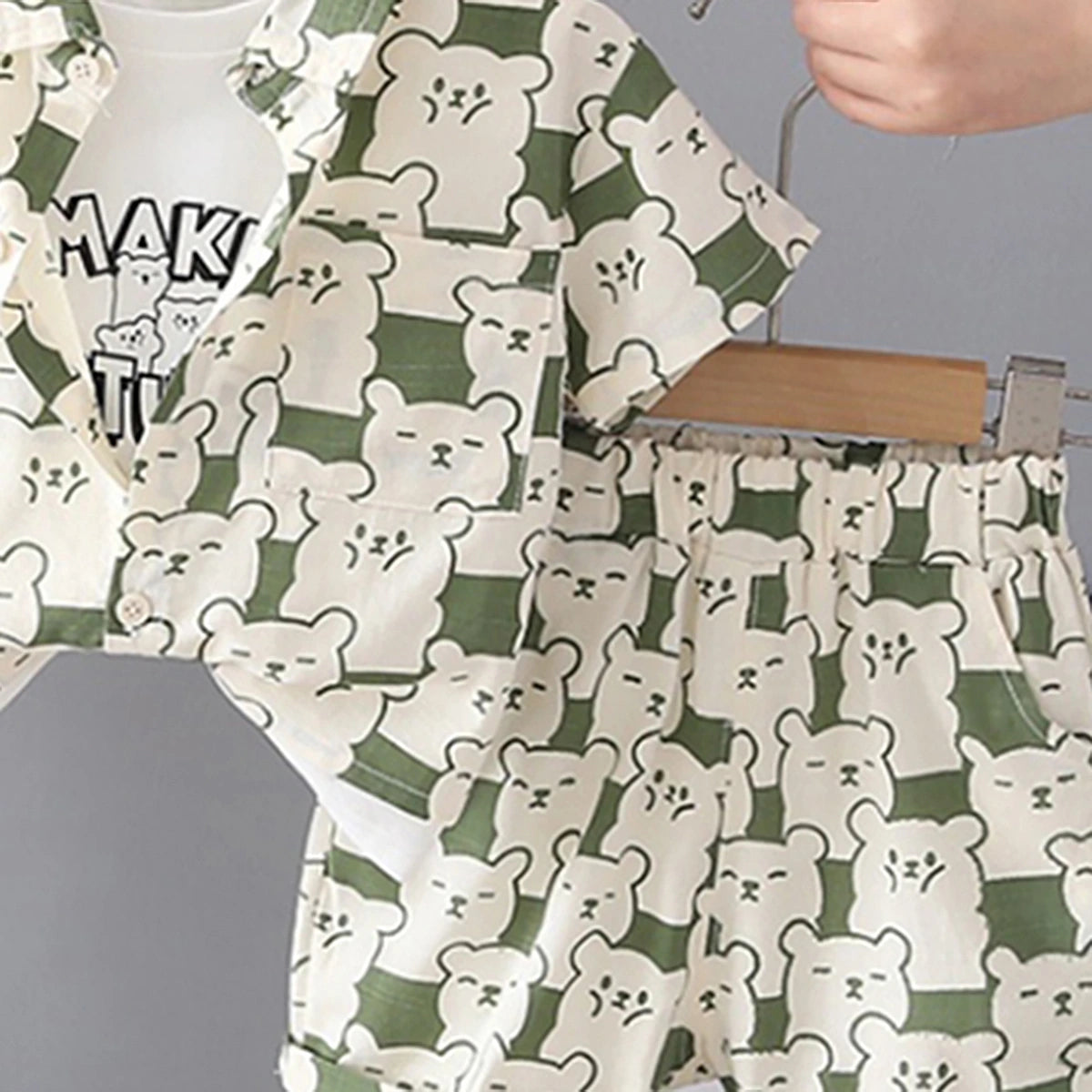 Boys Green Bear Printed Short Sleeve Shirt With Printed T-Shirt And Shorts Sets 3 pc. Sets