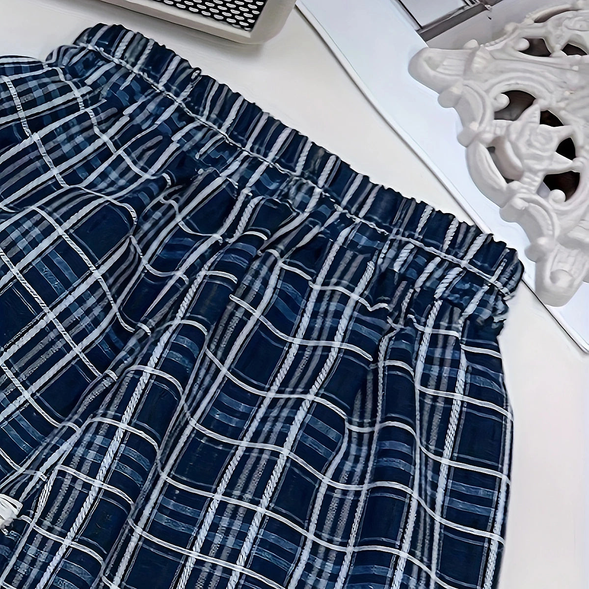 Girls Blue Checked A-line Top & Pants With Fringe Trim Hem Co-ord Sets Sets