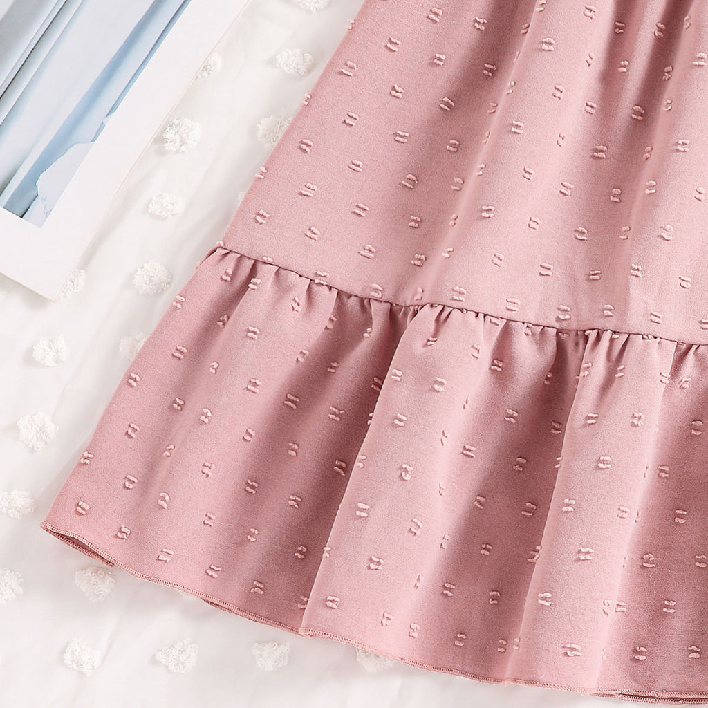 Girls Pink Swiss Dot Cold-Shoulder Ruffle Dress Casual Dresses