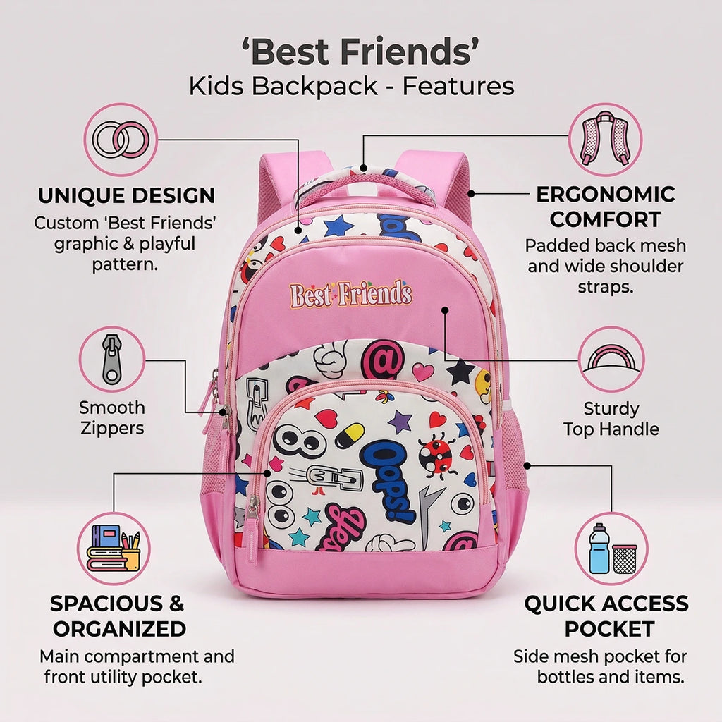 Girls Pink Emoji Print Polyester School Backpack Trending Accessories