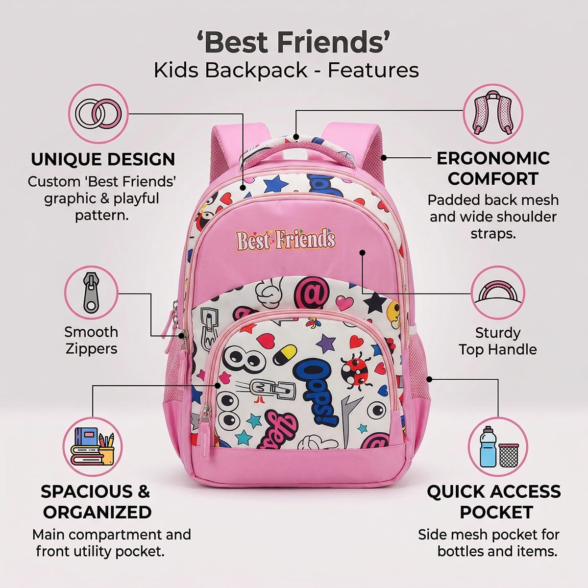 Girls Pink Emoji Print Polyester School Backpack Trending Accessories