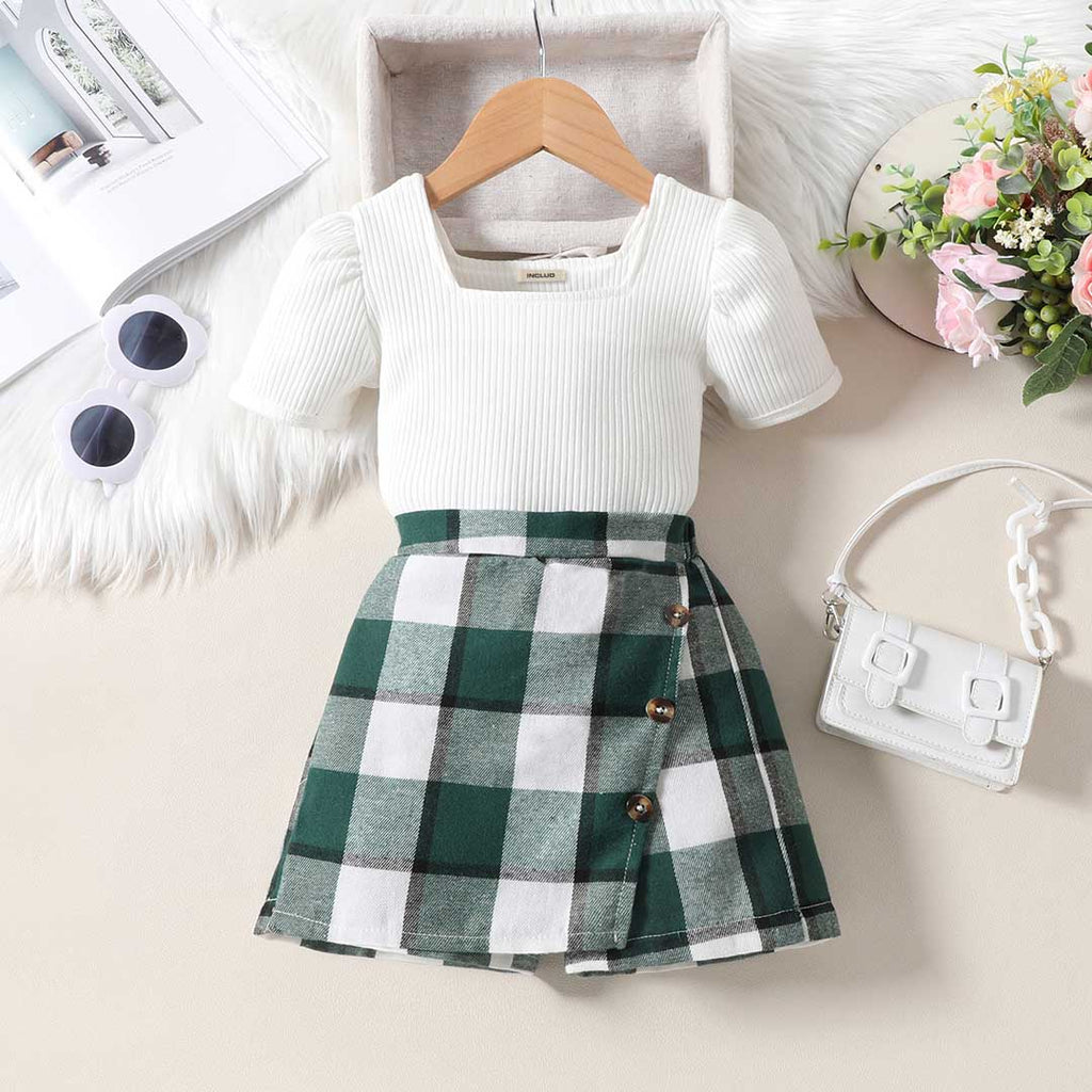 Girls Short Sleeve Ribbed Top With Plaid Skirt Set